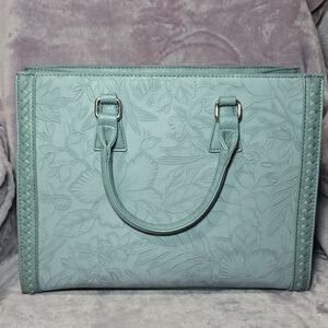 Elegant Floral Embossed Teal Handbag